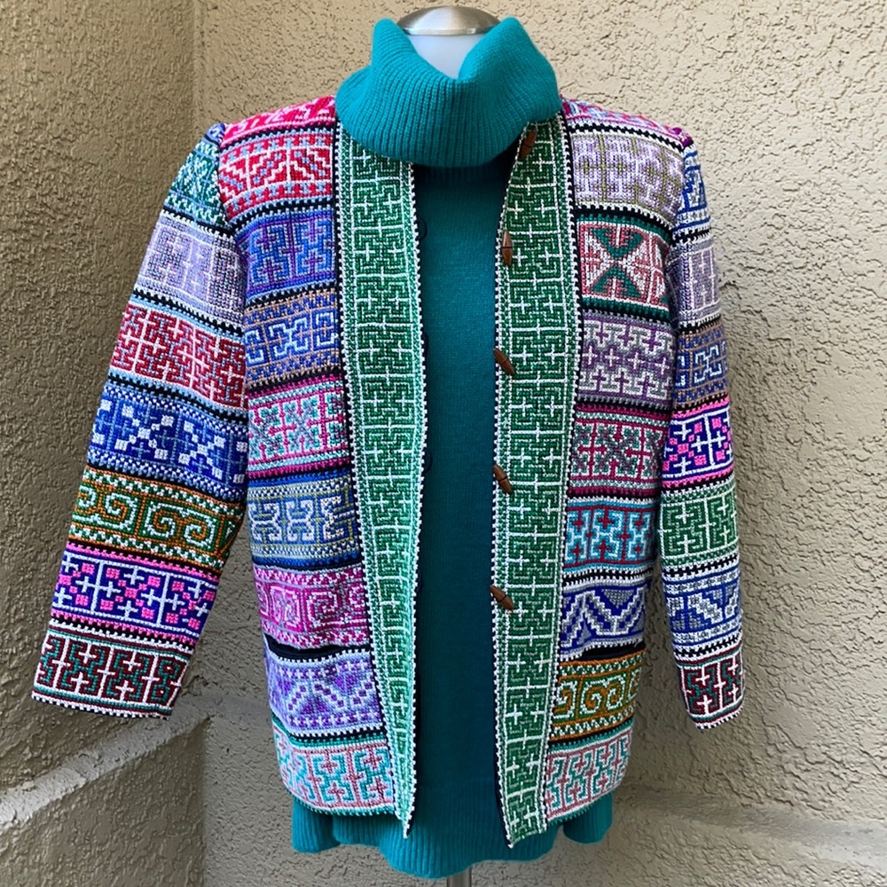 Vintage multicolored hand cross stitched jacket with pockets
